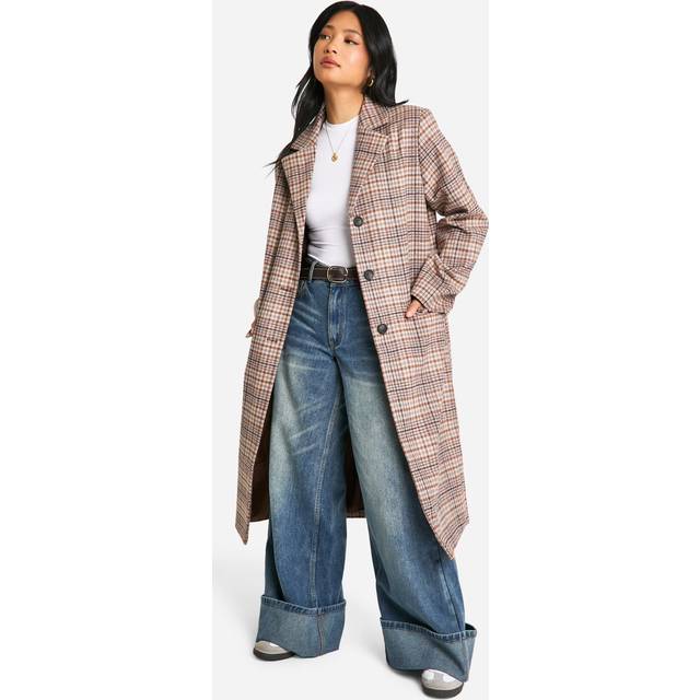 Womens Petite Check Wool Look Longline Coat - Beige - 16
