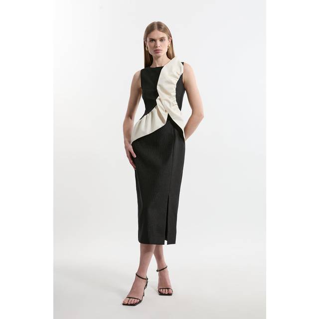 Petite Textured Tailored Contrast Taffeta Ruffle Maxi Dress - Black