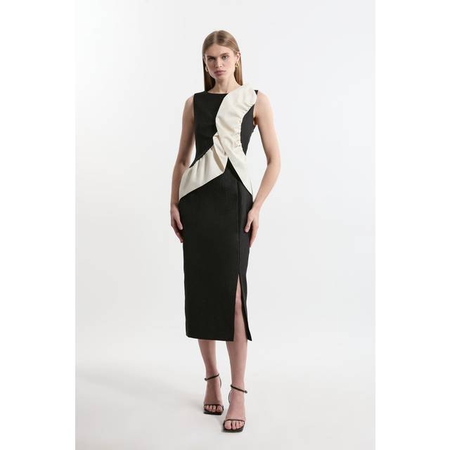 Textured Tailored Contrast Taffeta Ruffle Midi Dress - Black
