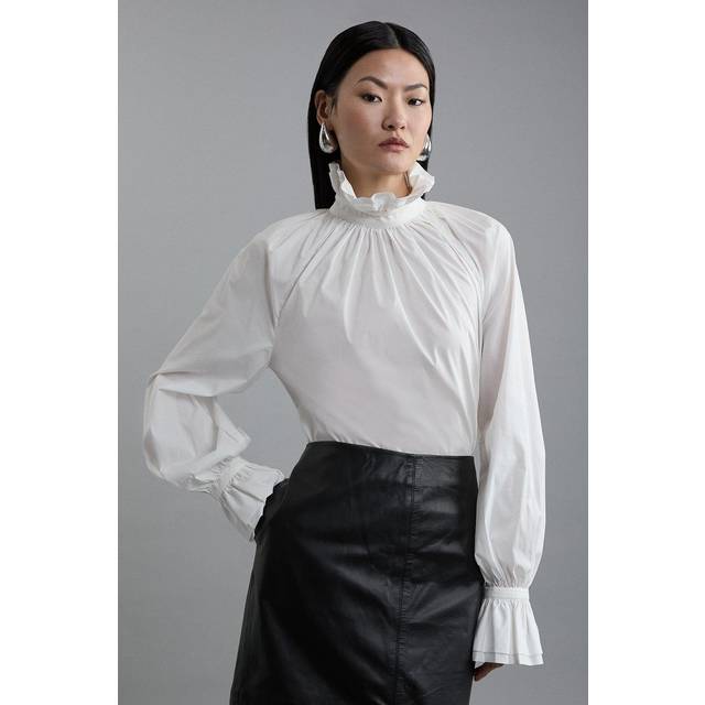Poplin High Neck Ruffle Neck And Cuff Detail Woven Blouse - White