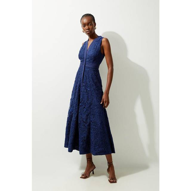 Lydia Millen Cut Work Cotton Sateen Woven Halter Dress - Navy