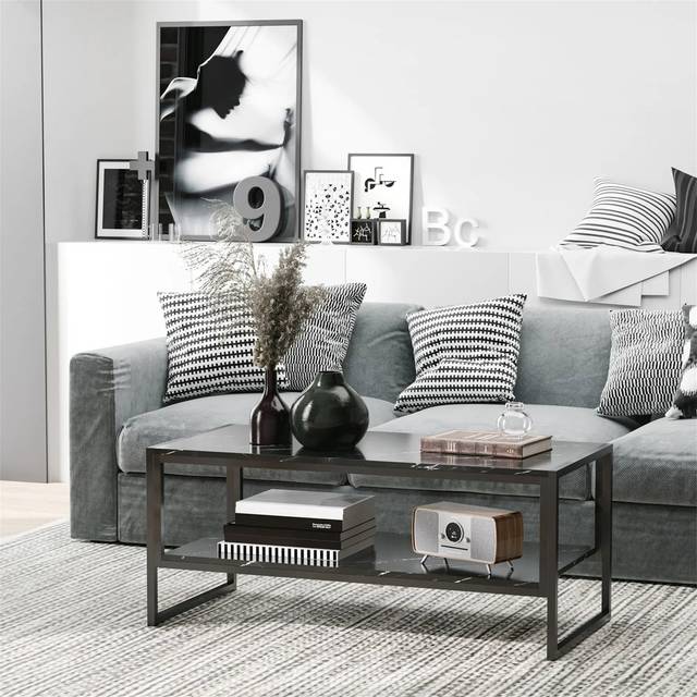 Coffee Table, Two-Tier Marble Centre Table With Metal Frame And Storage Shelf For Living Room, 106 X 50 X 45Cm - Black (45cm H X 106cm W X 50cm D)