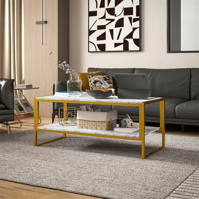 Coffee Table, Two-Tier Marble Centre Table With Metal Frame And Storage Shelf For Living Room, 106 X 50 X 45Cm - White (45cm H X 106cm W X 50cm D)
