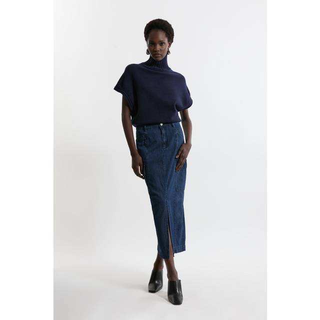 Petite Denim Woven Cargo Pocket Tailored Midi Skirt - Indigo