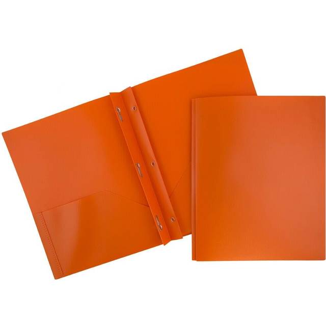 JAM PAPER Plastic 2 Pocket POP Folders - Durable School Folders with Metal Prongs Fastener Clasps - Orange - Bulk 48/Pack