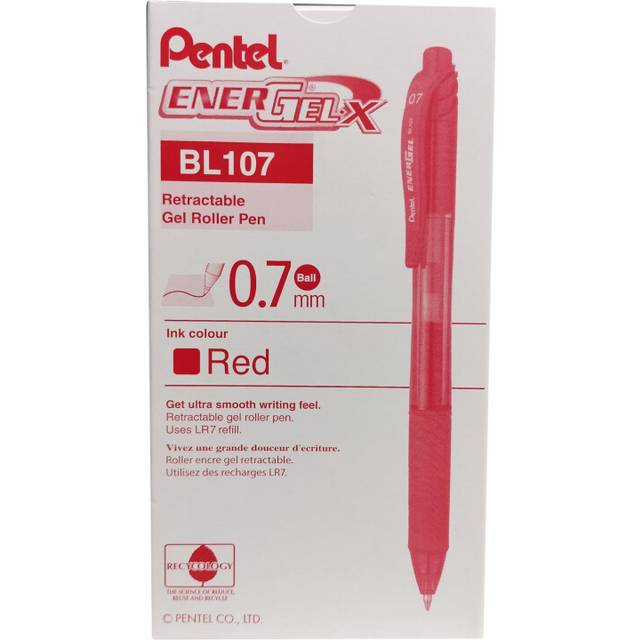 EnerGel Pentel Pentel -X Retractable Liquid Gel Pen (0.7mm) Metal Tip  Red Ink  Box of 12 (BL107-B)