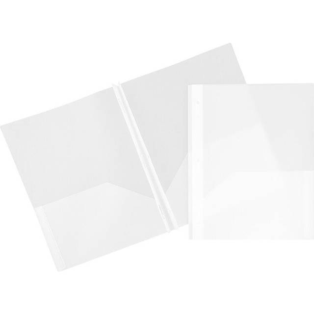 JAM PAPER Plastic 2 Pocket POP Folders - Durable School Folders with Metal Prongs Fastener Clasps - Clear - Bulk 48/Pack