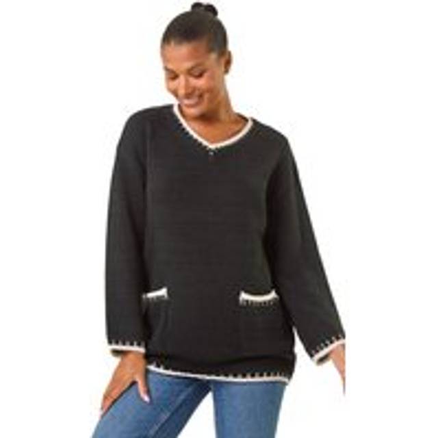 Roman Blanket Stitch V-Neck Knitted Jumper In Black - 10