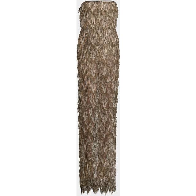 Metallic Fringe Sheer Strapless Slit Gown - GOLD - 42 IT (8 US)