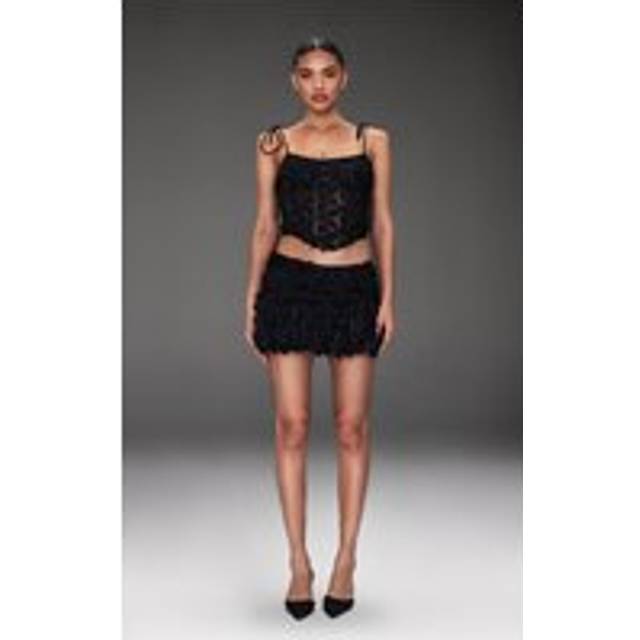 Black Tinsel Lace Puff Hem Skirt, Black - 6