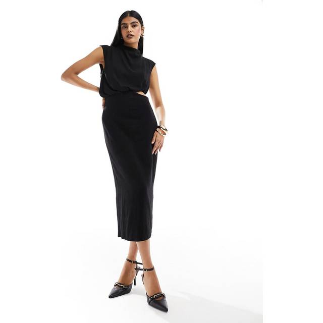ASOS DESIGN – Svart ärmlös midiklänning i linne med utskurna detaljer vid midjan-Svart/a