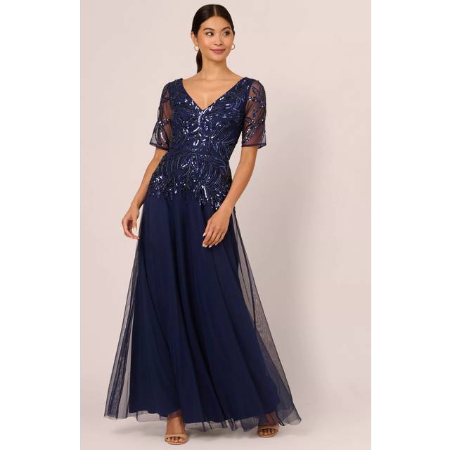 Adrianna Papell Papell Studio Beaded Mesh Long Dress, Light Navy