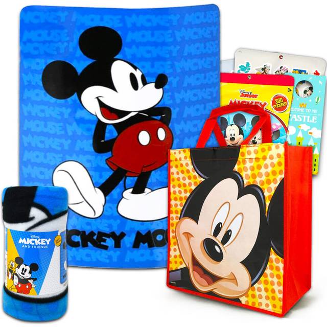 Classic Disney Mickey Mouse Fleece Throw Blanket and Tote Bundle - Mickey Mouse Kids and Teens Blanket  Tote  300 Stickers  and More for Boys & Girls