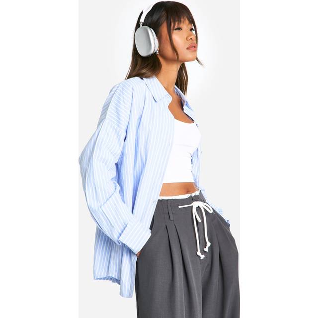 Boohoo Stripe Oversized Shirt In Baby Blue - baby blue - 16