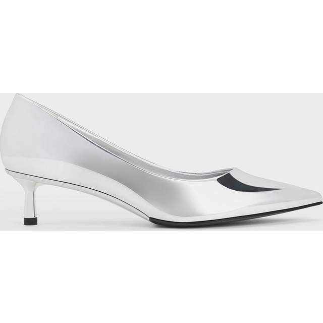 Charles & Keith - Curtis Metallic Pointed-Toe Kitten Heel Pumps - Silver - UK 2