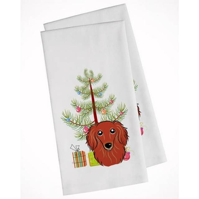 Christmas Tree and Longhair Red Dachshund White Kitchen Towel Set of 2