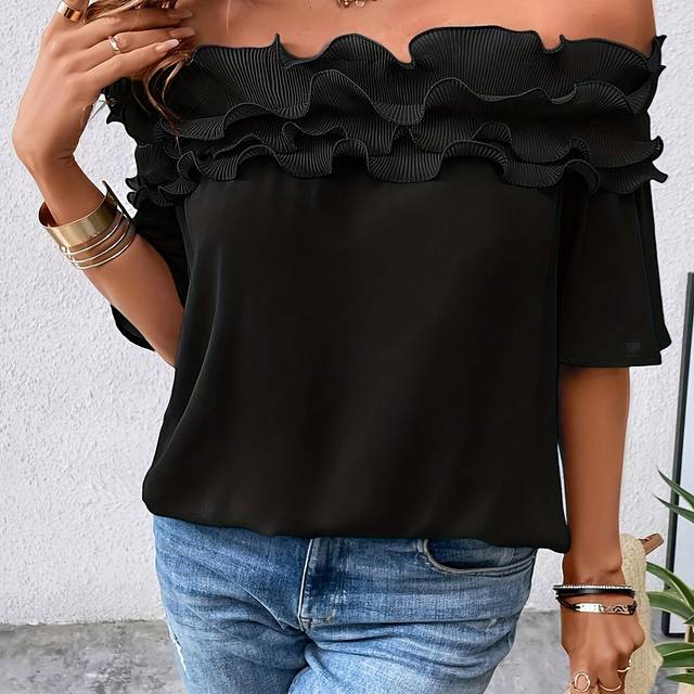 TEMU Elegant Off-shoulder Blouse For Women | Solid Color White | Hem | Non-stretch Fabric | Spring/summer/autumn Wear | Chic Shirting Style, Occasion Wear | Offshoulder Blouse | Fashion Blous