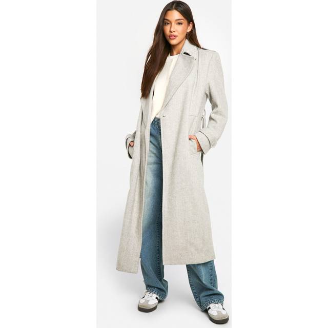 Womens Textured Wool Look Trench Coat - Grey - 14, Grey
