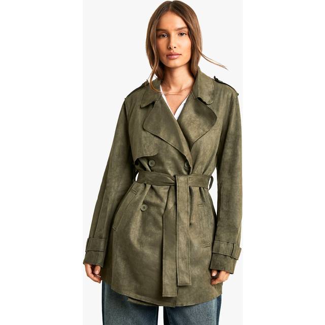 Womens Suede Look Trench Coat - Green - M, Green