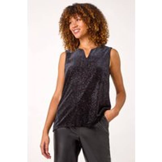 Roman Black Velvet Glitter V-Neck Stretch Top - Size 16