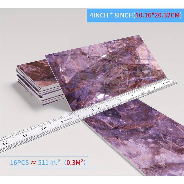 TEMU 16pcs Sparkling Crystal Purple Tile Wall Decals - Waterproof & Stain Resistant, Home Decor, 4x8 Inches