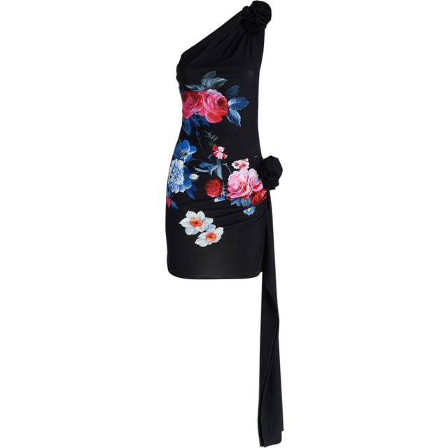 Magda Butrym - one-shoulder floral-print mini dress - women - Elastane/Viscose - 40 - Black
