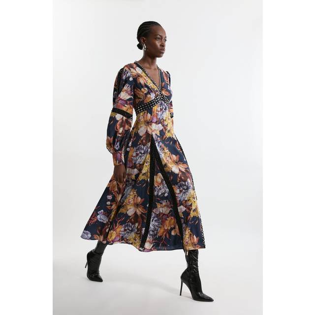 Petite Printed Broderie Woven Midi Dress With Guipure Trim - Floral