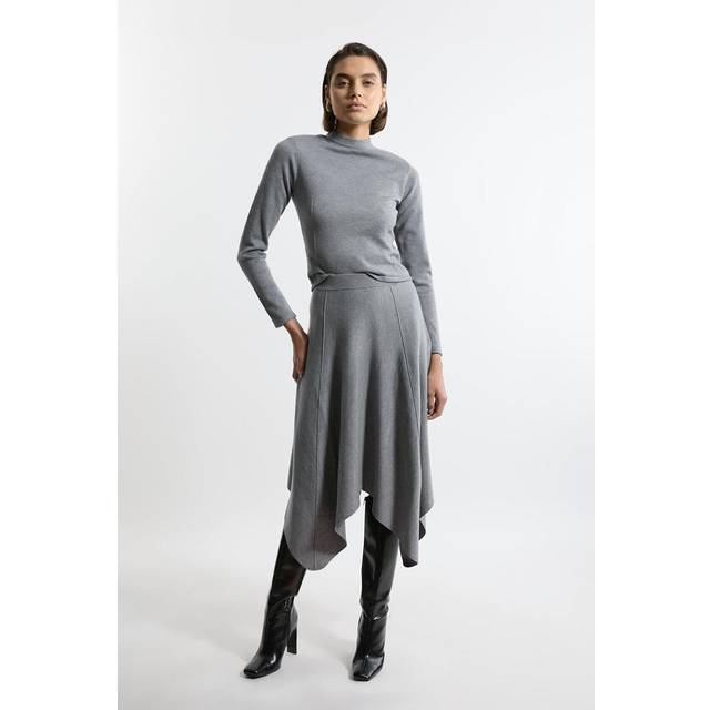 Compact Wool Look Asymmetric Hem Knit Skirt - Grey Marl