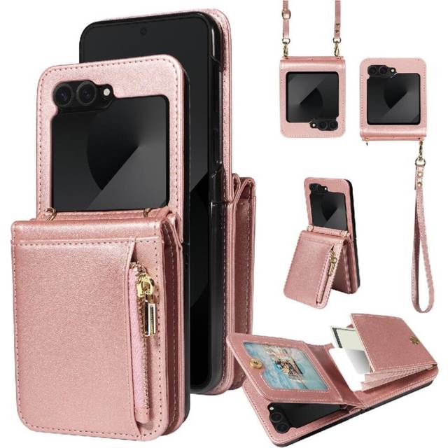 (Rose Gold ) Organ Phone Case for Samsung Galaxy Z Flip6 Card Holder Zipper Pocket Crossbody and Wrist Strap Rfid Biocking Kickstand