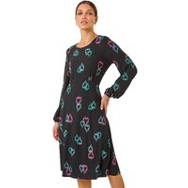 Roman Black Heart Print Tea Stretch Midi Dress - Size 12