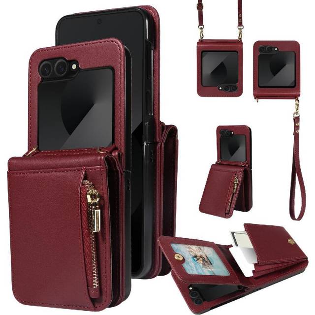 (Red) Organ Phone Case for Samsung Galaxy Z Flip6 Card Holder Zipper Pocket Crossbody and Wrist Strap Rfid Biocking Kickstand