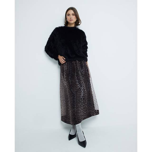 River Island Womens Brown Leopard Organza Midi Skirt - 14