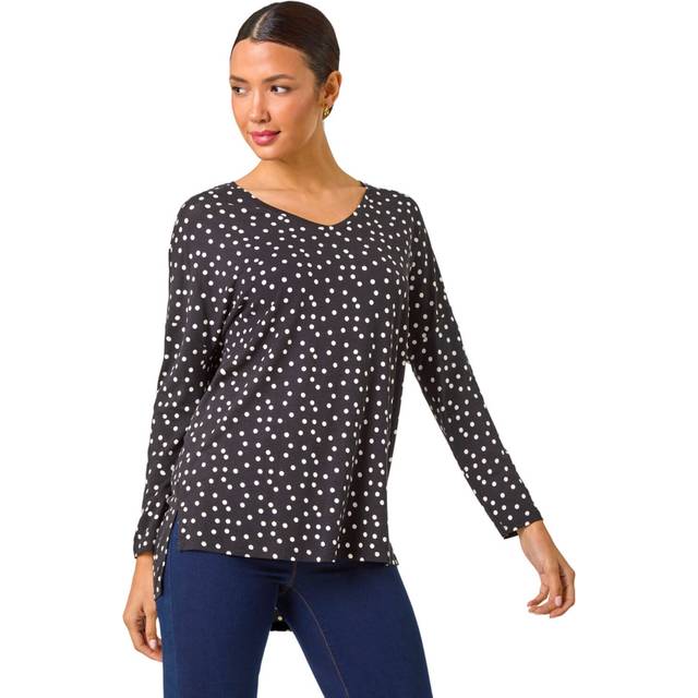 Spot Print Stretch Tunic Top - Black - Size 20 - Roman