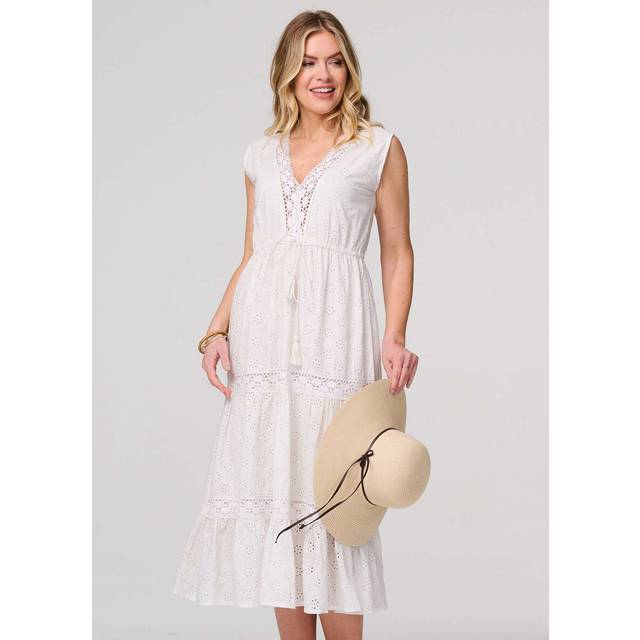 Broderie Anglaise Tiered Dress - White - Size 16 - Izabel London