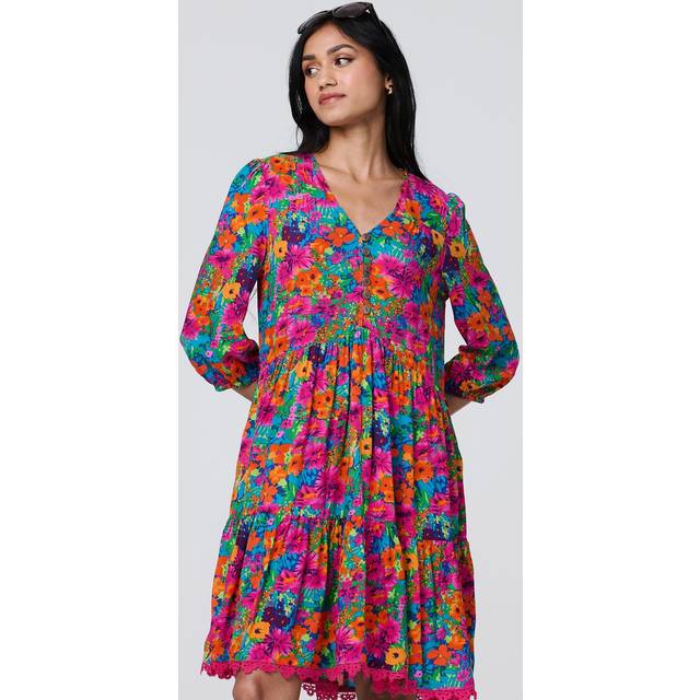 Floral 3/4 Sleeve Smock Dress - Pink - Size 12 - Izabel London