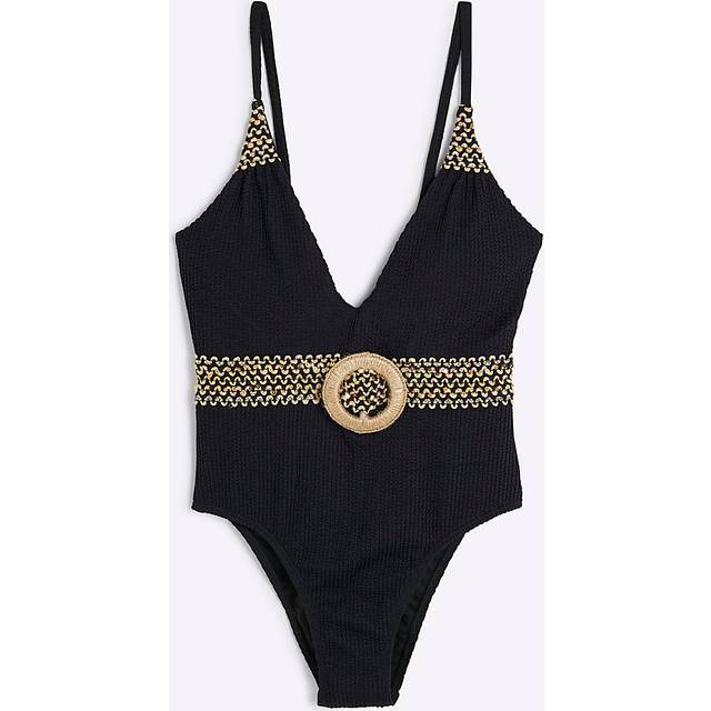 River Island Womens Petite Black Textured Plunge Neck Swimsuit - 12