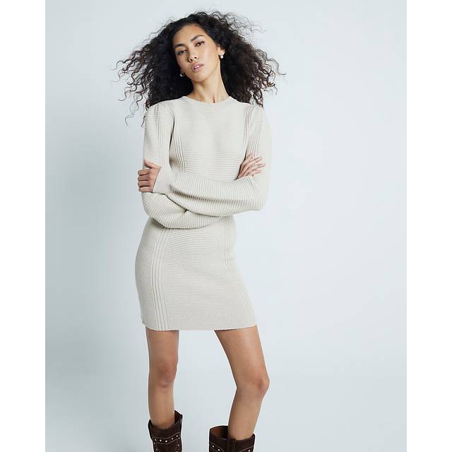 River Island Womens Cream Crew Neck Ribbed Mini Jumper Dress - L
