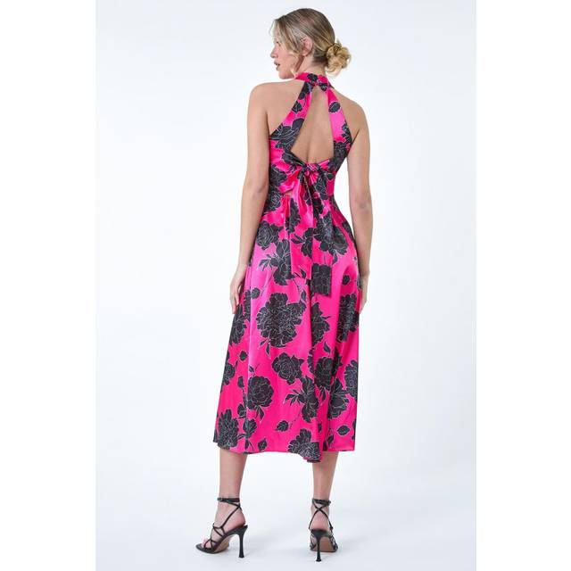 Dusk Womens Floral Satin Look Halterneck Midi Dress - Pink - Size 14 UK