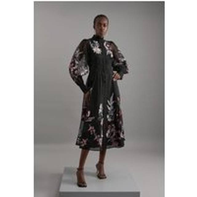 Premium Embroidered Beaded Organdie Woven Maxi Dress - Floral