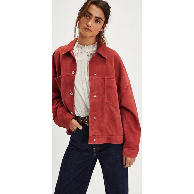 Womens Petite Oversized Collar Faux Fur Jacket - Red - 14
