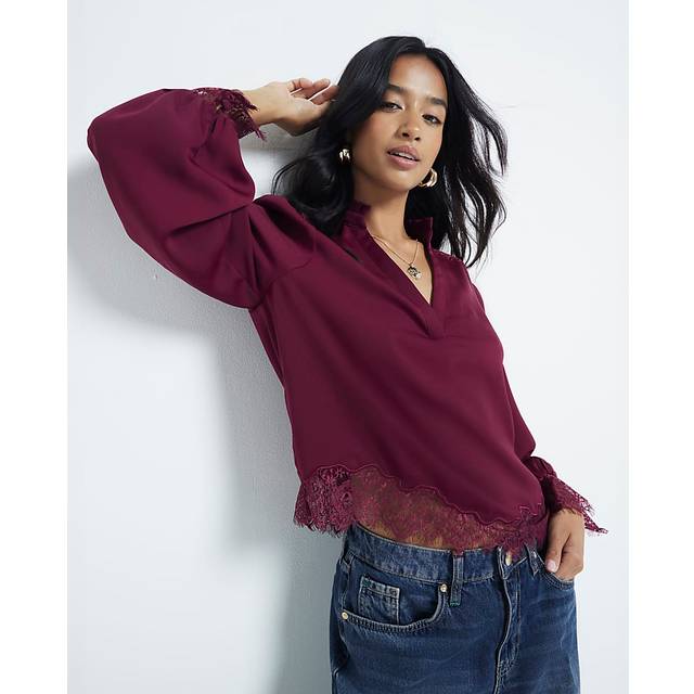 River Island Womens Petite Red Long Sleeve Lace Insert Blouse - 12