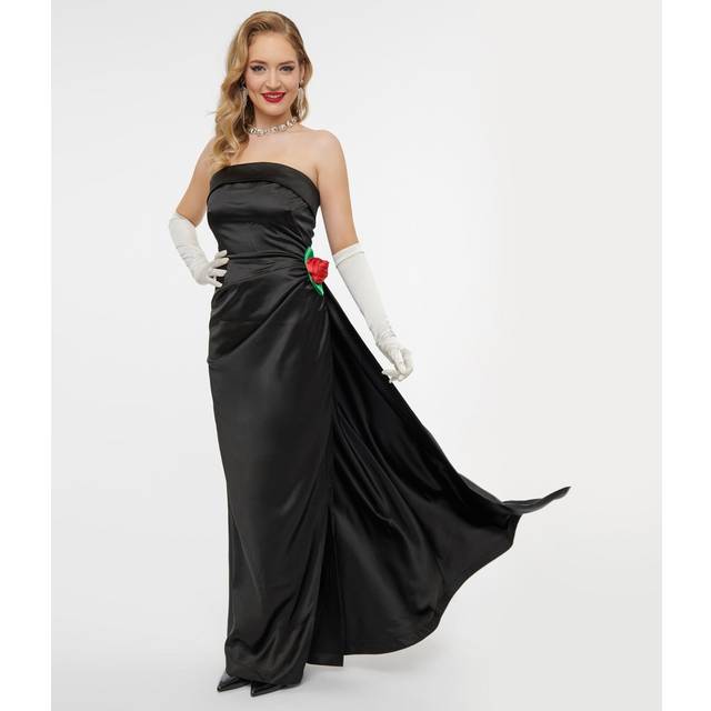 Unique Vintage 1950S Black Satin Strapless Enchanted Evening Gown - XSmall/2