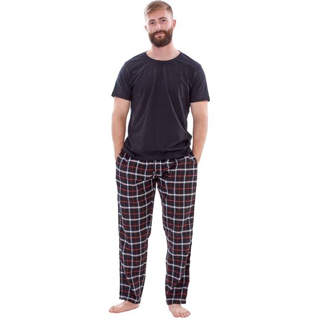 (Black, XL) Malay Mens Flannel Pyjama Set Brushed Cotton Check Jersey Top Loungewear Lightweight