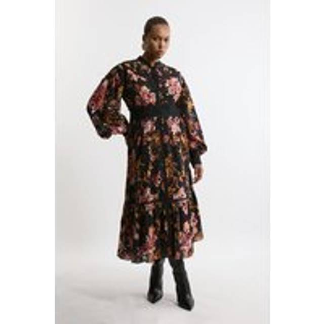 Plus Size Printed Broderie Woven Midi Dress With Guipure Trim - Floral