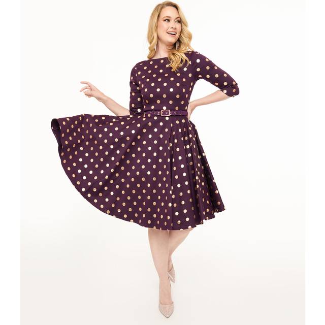 Unique Vintage 1950S Eggplant Rose Foil Polka Dot Devon Swing Dress - XLarge/14