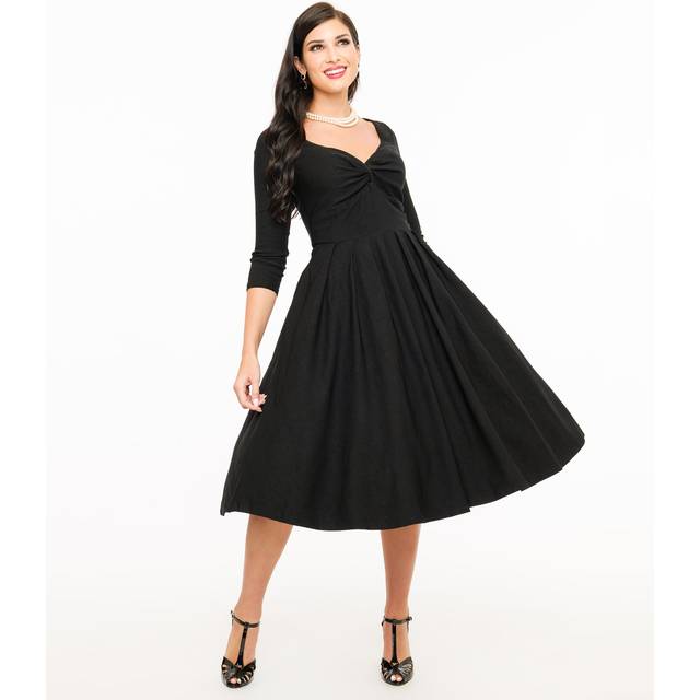 Unique Vintage 1950S Black Bengaline Front Twist Swing Dress - Medium/6-8