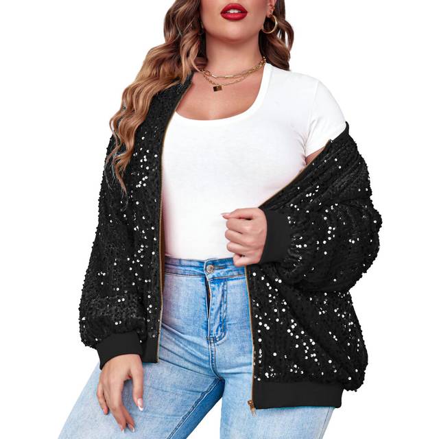 INVOLAND Womens Sequin Jacket Plus Size Sparkle Long Sleeve Jackets Fr