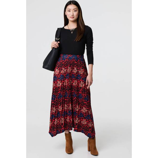 Printed Box Pleat Hanky Hem Midi Skirt - Red - Size 14 - Izabel London