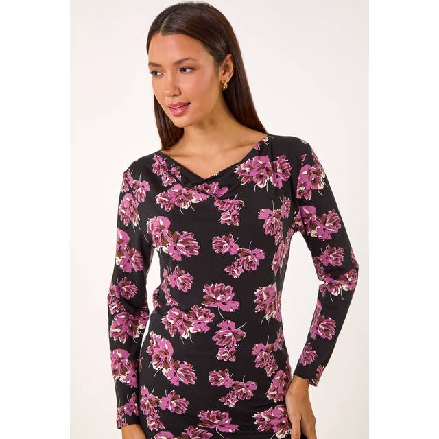 Floral Print Cowl Neck Top - Purple - 12