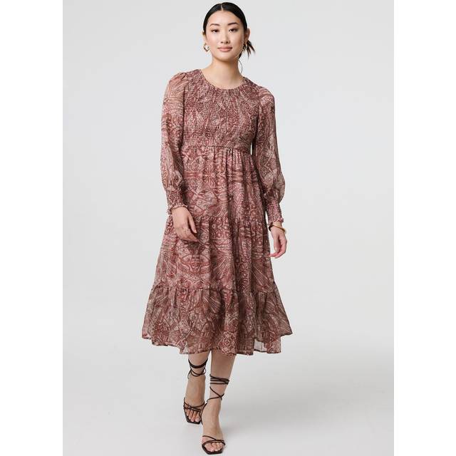 Printed Empire Tiered Midi Smock Dress - Red - Size 8 - Izabel London